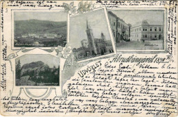 T3 1898 (Vorläufer) Abrudbánya, Abrud; Ferenc József Laktanya, Detonáta Hegy, A Három Magyar Templom, Városháza / Milita - Non Classés