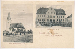 T2/T3 1926 Kereszténysziget, Grossau, Cristian; Evang. Kirchenkastell, Evang. Schule / Evangélikus Vártemplom és Iskola. - Non Classés
