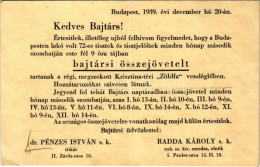 T3/T4 1939 Budapest, Kedves Bajtárs! A Volt 72-es Tisztek és Tisztjelöltek Bajtársi összejövetelének Meghívója A Kriszti - Zonder Classificatie