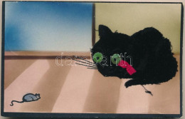 * T2/T3 1912 Fekete Macska Egérrel, Bársony Textil Lap / Black Cat With Mouse. Textile Card (gyűrődések / Creases) - Non Classés