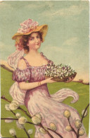 ** T3 'Frühlingsboten' Easter Greeting Postcard, Lady, Wenau Pastell No. 1297 (fa) - Zonder Classificatie