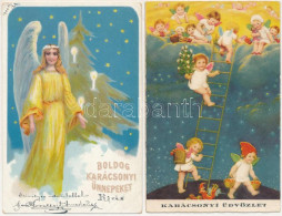 * 2 Db Régi Karácsonyi üdvözlőlap Angyalokkal / 2 Pre-1945 Christmas Greeting Art Postcards With Angels - Non Classés