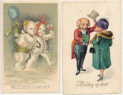 ** 2 Db Régi újévi üdvözlőlap Malacokkal és Hóemberekkel / 2 Pre-1945 New Year Greeting Art Postcards With Pigs And Snow - Unclassified