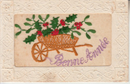 CARTE BRODEE - Bonne Année - Fleurs - Brouette - Embroidered