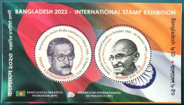 Bangladesch 2024 FIP Exhibition 2023 India Flag Mahatma Gandhi MS MNH Bapu Mujibur Rahman Round Odd Shape President - Mahatma Gandhi