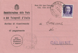 RICEVUTA DI RITORNO 1943 RSI C.50 TIMBRO DALMINE (YK368 - Marcofilía