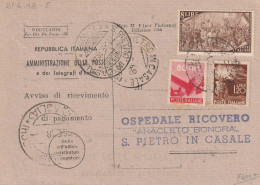 AVVISO RICEVIMENTO 1948 L.8 RISORGIEMENTO +80 C+1,20 L. TIMBRO S.PIETRO IN CASALE (YK215 - 1946-60: Poststempel