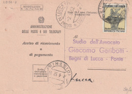 AVVISO RICEVIMENTO 1952 L.25 BIENNALE TIMBRO TERNI BAGNI DI LUCCA (YK169 - 1946-60: Marcophilia