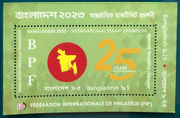 Bangladesch 2024 FIP International Stamp Exhibition 2023 25 Years Of Philatelic Federation Logo MS MNH Map Flag - Philatelic Exhibitions