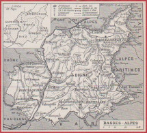 Carte Du Département Des Basses Alpes (04). Préfecture...ch Lieu De Canton évêché, Chemin De Fer, Canal.. Larousse 1948. - Historische Dokumente