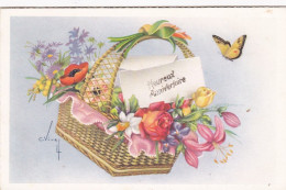 Joyeux Anniversaire --1960-- Panier De Fleurs Et Papillon   Signée  C.Vivey - Compleanni