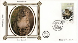 JERSEY, FDC, Snow Leopard, Silk Cachet    /    Lettre De Première Jour, L`once, Cachet De Soie      1984 - Big Cats (cats Of Prey)