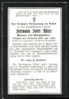 Sterbebild Hermann Josef Adler, Maurer Un Milchhändler, Mitglied Der Junggesellen Und Barbare-Bruderschaft, 1872-1912  - Documents