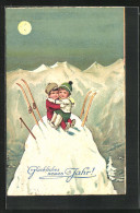 Künstler-AK Neujahrsgruss, Zwei Kinder Bibbern Auf Dem Gipfel  - Sport Invernali