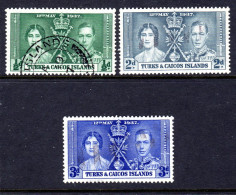 TURKS & CAICOS ISLANDS - 1937 CORONATION SET (3V) FINE USED SG 191-193 - Turks & Caicos (I. Turques Et Caïques)