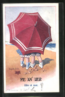 Künstler-AK Donald McGill: Me An` Her, Zwei Kinder Mit Sonnenschirm Am Strand  - Mc Gill, Donald