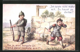 Künstler-AK Sign. Hugo Spinaler: Kleine Knaben In Weltkriegsuniformen, Kinder Kriegspropaganda  - War 1914-18