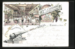 Lithographie Essen A. D. Ruhr, Restaurant Bodega, The Continental Bodega Company, Krupp Geschütz  - Essen