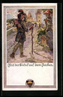 Künstler-AK Deutscher Schulverein Nr. 444: Wanderer Mit Der Fiedel Auf Dem Nacken  - Weltkrieg 1914-18