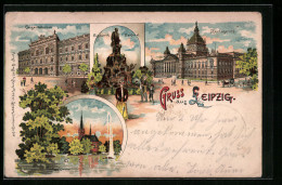 Lithographie Leipzig, Reichsgericht, Konservatorium, Bismarck-Denkmal  - Leipzig