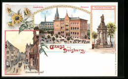 Lithographie Duisburg, Josephs-Kirche Und Mittelschule, Mercator-Denkmal, Poststrasse Und Reichspost  - Duisburg