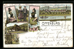 Lithographie Titisee, Panorama, Schwalzwälder Volkstrachten & Bauernhaus  - Costumes