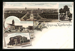 Lithographie Karlsruhe, Gesamtansicht Aus Der Vogelschau, Krieger-Denkmal, Marktplatz, Hoftheater  - Théâtre