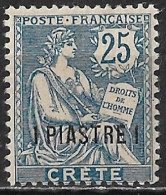 CRETE 1903 French Office : Stamps Of 1900 With Inscription CRETE 25 C Blue With Overprint 1 Piastre Vl. 16 MH - Crète