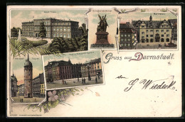 Lithographie Darmstadt, Neus Palais, Post U. Alexanderpalais, Weisser Turm  - Darmstadt