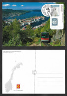 SE)2005 NORWAY, POSTCARD TRAIN, VIEW OF THE CITY OF BERGEN WITH ELEVATOR IN NORWAY, 150° YEARS OF NORWEGIAN STAMPS, POLA - Gebruikt