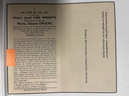 Devotie DP -  Overlijden Henri Van Simaeys Wwe Crucke - Gavere 1874 - 1957 - Décès