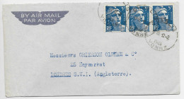 GANDON 5FR BLEUX3 LETTRE AVION CHABLIS YONNE 12.2.1948 POUR ANGLETERRE AU TARIF - 1945-54 Marianna Di Gandon