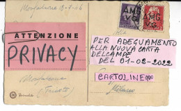 Trieste Storia Postale Cartolina Viaggata Da Monfalcone A Milano Nel 1946 Affrancata Con 1 E 2 Lire Trieste A M G V G - Marcofilie