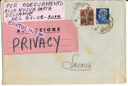 Storia Postale Busta Viaggiata Nel 1943 Da Siena A Savona Con Il Cent 1.25 V E Piu' 75 Cent P A (v.retro) - Storia Postale