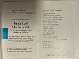 Devotie DP - Overlijden - Zuster Jozef - Van De Walle - Hansbeke 1912 - Vinderhoute 2002 - Décès