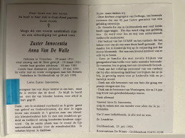 Devotie DP - Overlijden - Zuster Innocentia - Van De Walle - Vosselare 1911 - Grobbendonk 1996 - Décès