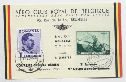 ROMANIA PETITE CARTE  PAR BALLON GONRDON BENNETT AERO CLUB ROYAL DE BELGIQUE MIXTE PA 35C BRUXELLES 1938 - Storia Postale