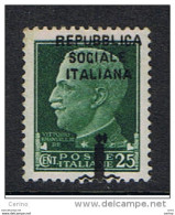 R.S.I.  VARIETA':  1944  SOPRASTAMPATO -  25 C. VERDE  L. - SOPRASTAMPA  IN  ALTO  -  SASS. 491 Pf - Nuovi