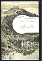 Lithographie Leoni, Drahtseilbahn Am Starnberger See, Hotel Rottmannshöhe  - Starnberg