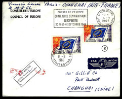 1ère LIAISON AÉRIENNE PARIS / CHANGHAI 1966 - RETOUR - CONSEIL DE L'EUROPE - 1960-.... Covers & Documents