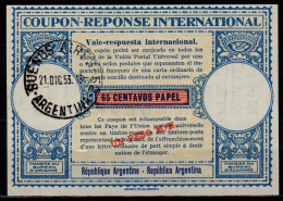 ARGENTINE ARGENTINA 1953,  Lo15A  UN PESO M.N. / 65 CENTAVOS International Reply Coupon Reponse Antwortschein IRC IAS O - Postwaardestukken