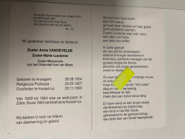 Devotie DP - Overlijden - Zuster Marie - Vandevelde - Anzegem 1904 - Kessel-Lo 1993 - Overlijden