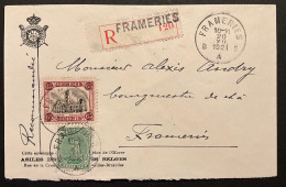 Lettre Recommandé Affr. OBP 137 + 182 - Frameries - - 1915-1920 Alberto I