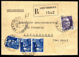 RHÔNE - LYON TERREAUX - RECOMMAND - 1953 - MARIANNE DE GANDON - Cachets Manuels