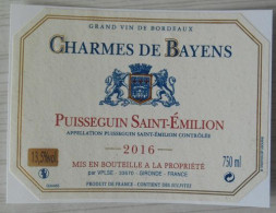 Etiquette Vin Charmes De Bayens Puisseguin Saint-Emilion 2016 - Otros & Sin Clasificación