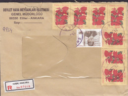 Turkey DEVLET HAVA MEYDANLARI ISLETMESI Registered Label EMEK / ANKARA 1998 Cover 3- & 4-Stripe Flower, Haci Arif-Bey - Lettres & Documents