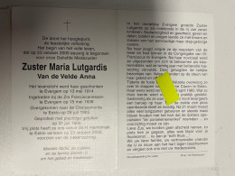 Devotie DP - Overlijden - Zuster Maria Lutgardis - Van De Velde - Evergem 1914 - Eeklo 2000 - Avvisi Di Necrologio