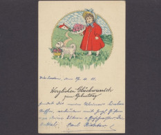 Mädchen Mit Rosenstrauß U. Hund Mit Blumenkorb, Geburtstagsglückwünsche - Birthday