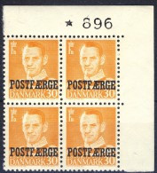 ##Denmark 1949. POSTFAERGE. Numbered Cornerbloc Of 4. Michel 31. MNH(**) - Paquetes Postales