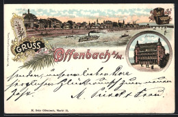Lithographie Offenbach A. M., Ortsansicht Mit Dampfer Und Schloss  - Offenbach